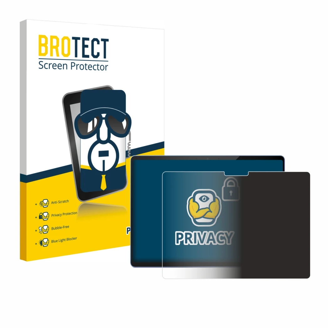 Parte frontal de un envase de producto con el logotipo de la marca BROTECT. Al lado se muestra el dispositivo Microsoft Surfac