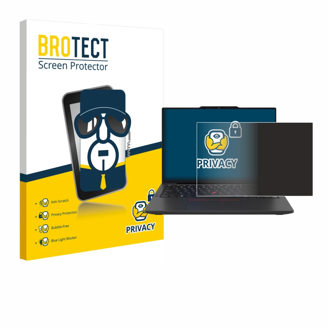 Parte frontal de un envase de producto con el logotipo de la marca BROTECT. Al lado se muestra el dispositivo Lenovo ThinkPad 