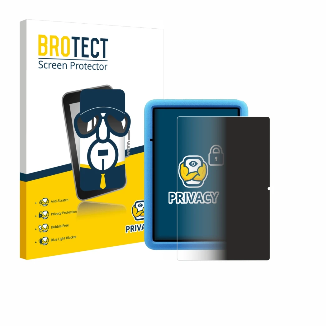 Parte frontal de un envase de producto con el logotipo de la marca BROTECT. Al lado se muestra el dispositivo Blackview Tab 60