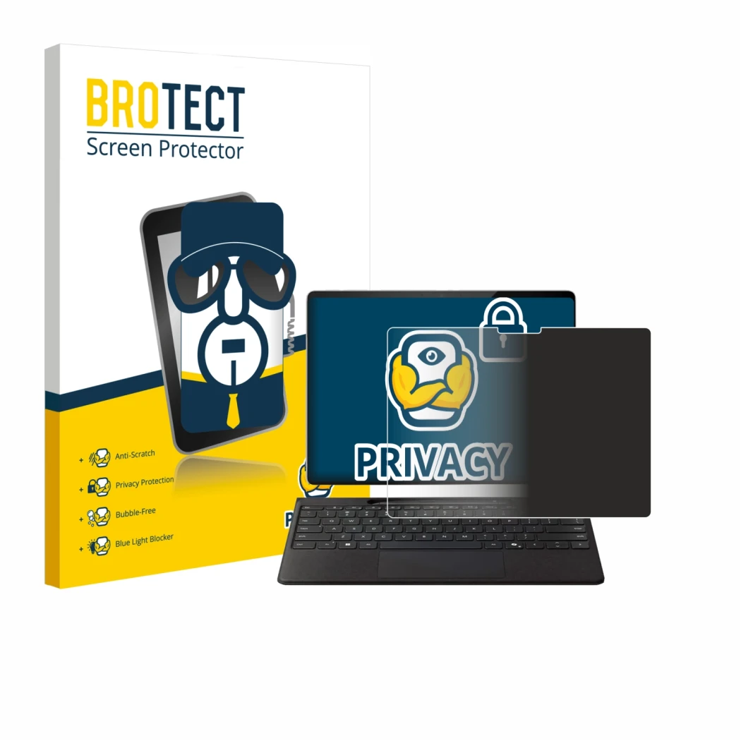 Parte frontal de un envase de producto con el logotipo de la marca BROTECT. Al lado se muestra el dispositivo Microsoft Surfac