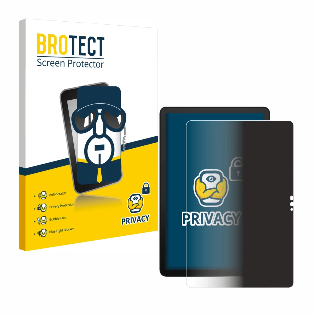 Parte frontal de un envase de producto con el logotipo de la marca BROTECT. Al lado se muestra el dispositivo Telekom T Tablet