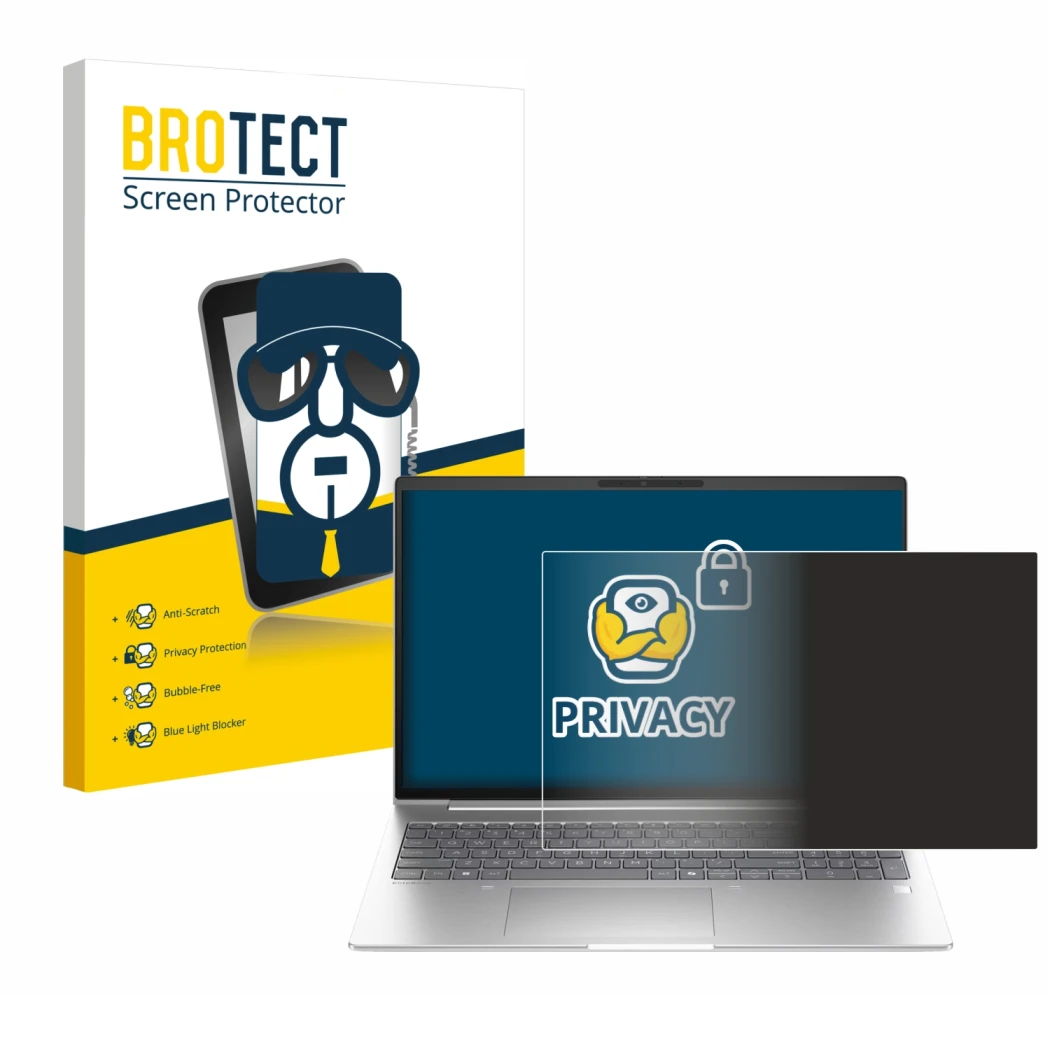 Parte frontal de un envase de producto con el logotipo de la marca BROTECT. Al lado se muestra el dispositivo HP EliteBook 6 G