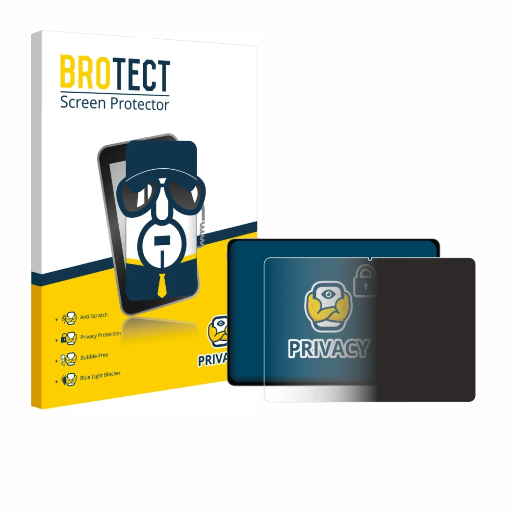 Parte frontal de un envase de producto con el logotipo de la marca BROTECT. Al lado se muestra el dispositivo Honor Magicpad 3