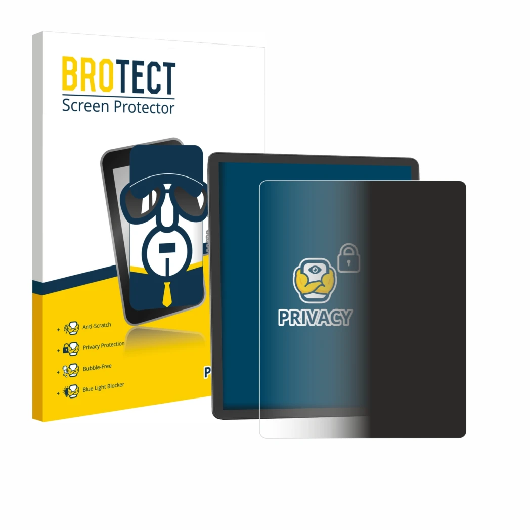 Parte frontal de un envase de producto con el logotipo de la marca BROTECT. Al lado se muestra el dispositivo Amazon Kindle Sc