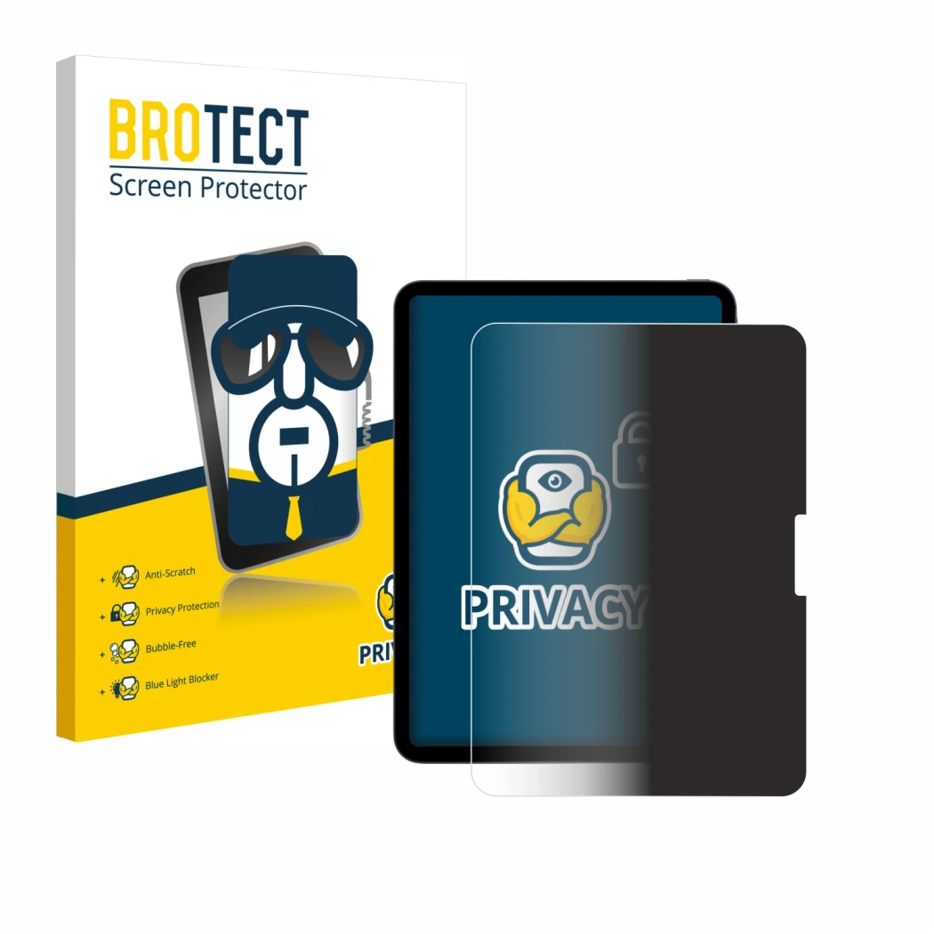 Parte frontal de un envase de producto con el logotipo de la marca BROTECT. Al lado se muestra el dispositivo Apple iPad Pro 1