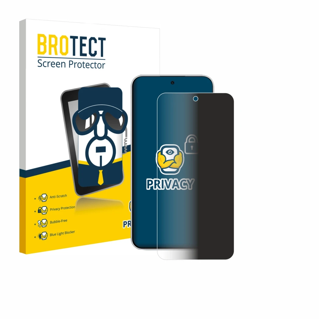 Parte frontal de un envase de producto con el logotipo de la marca BROTECT. Al lado se muestra el dispositivo Xiaomi Redmi Not