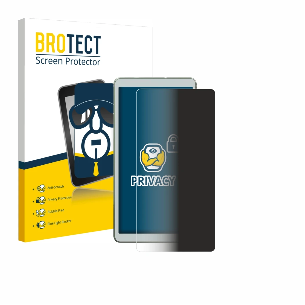 Parte frontal de un envase de producto con el logotipo de la marca BROTECT. Al lado se muestra el dispositivo Viwoods AiPaper 