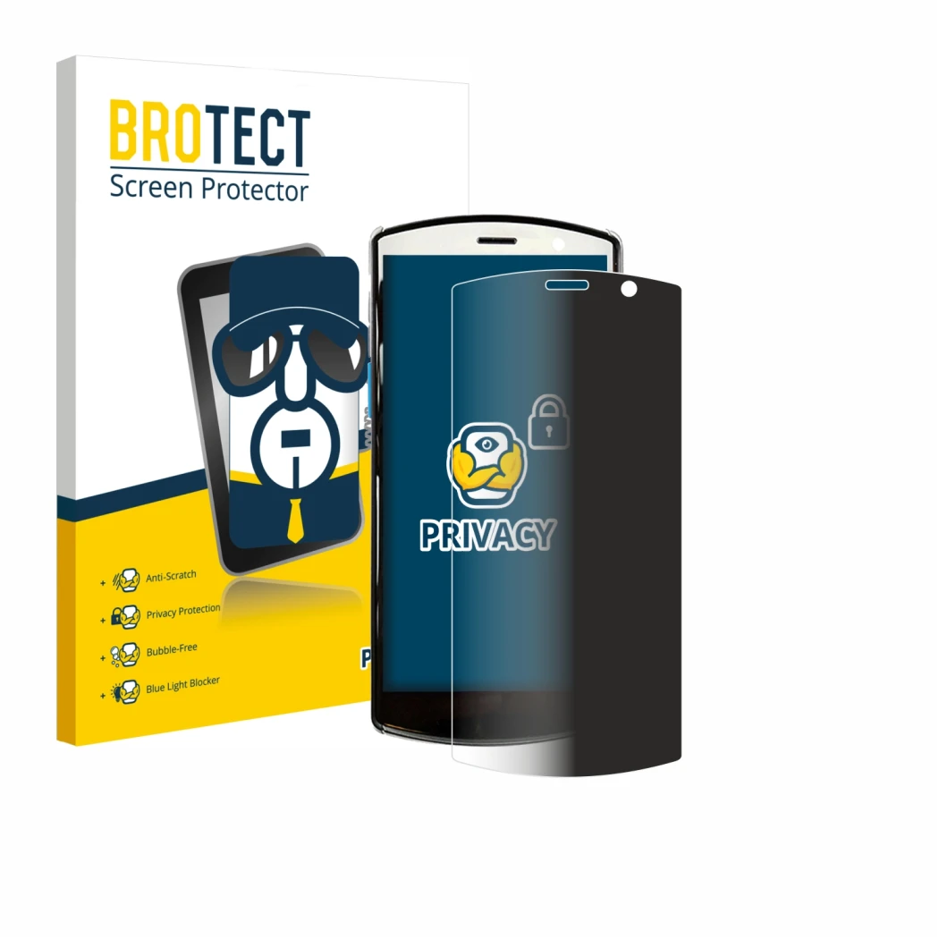 Parte frontal de un envase de producto con el logotipo de la marca BROTECT. Al lado se muestra el dispositivo Unitech EA510 co