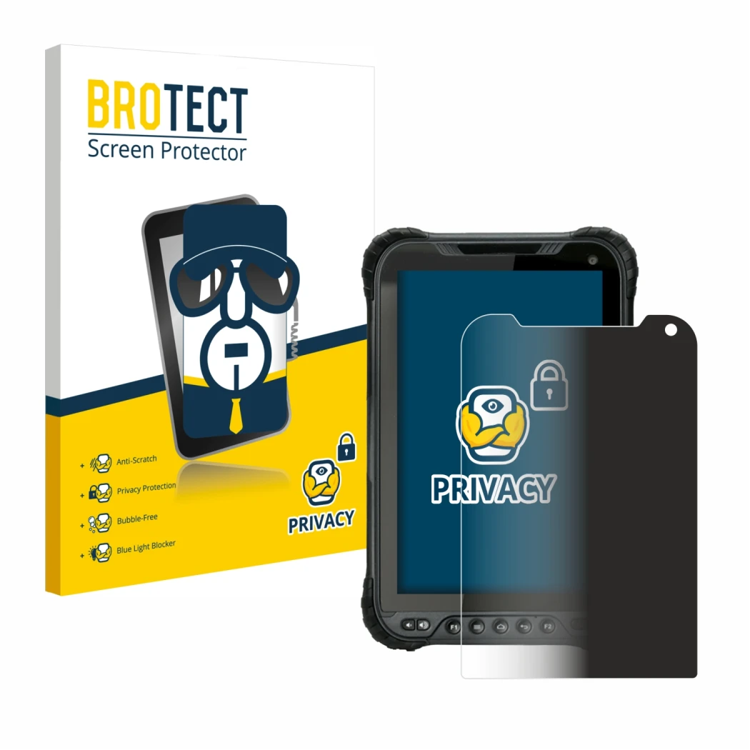 Parte frontal de un envase de producto con el logotipo de la marca BROTECT. Al lado se muestra el dispositivo Unitech TB85 Plu