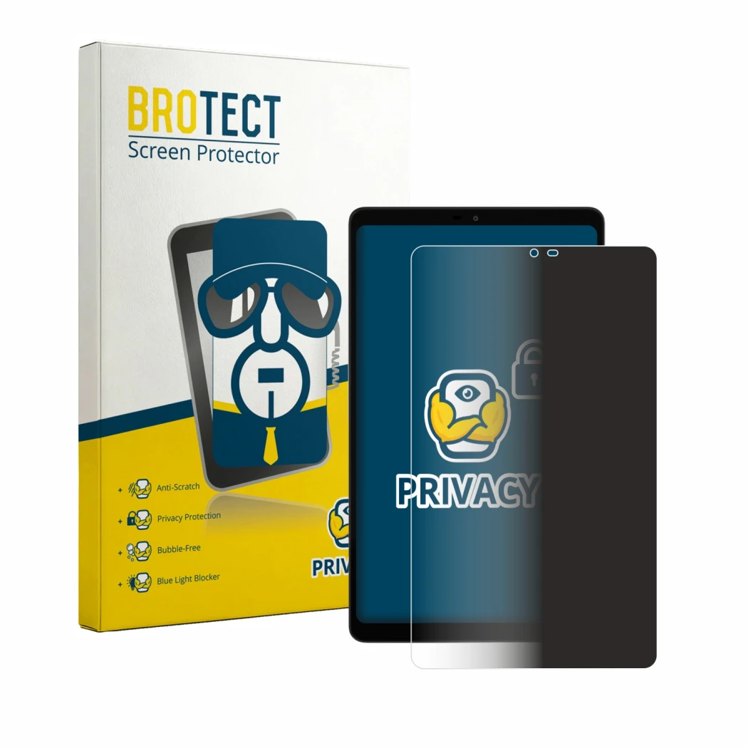 Parte frontal de un envase de producto con el logotipo de la marca BROTECT. Al lado se muestra el dispositivo Alldocube iPlay 