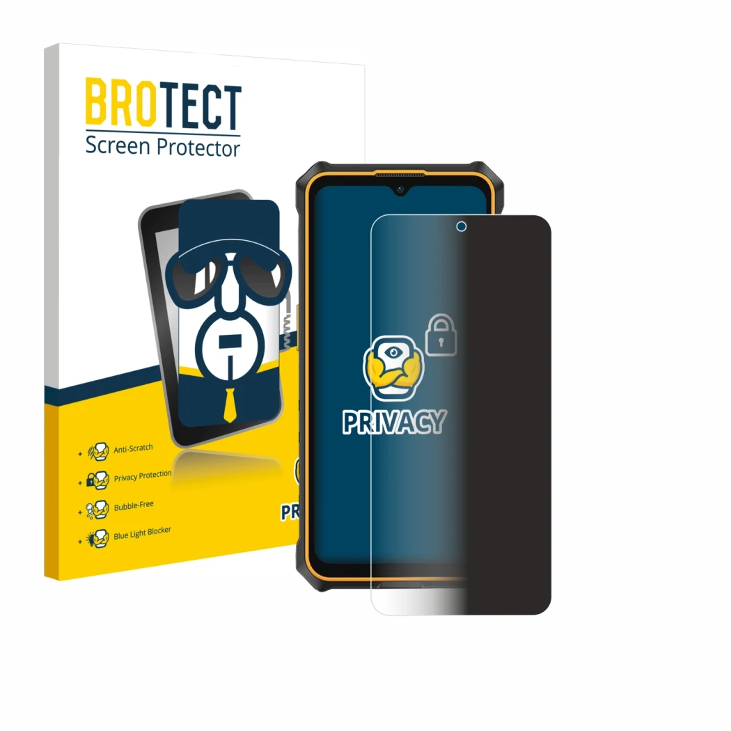 Parte frontal de un envase de producto con el logotipo de la marca BROTECT. Al lado se muestra el dispositivo Ulefone RugKing 
