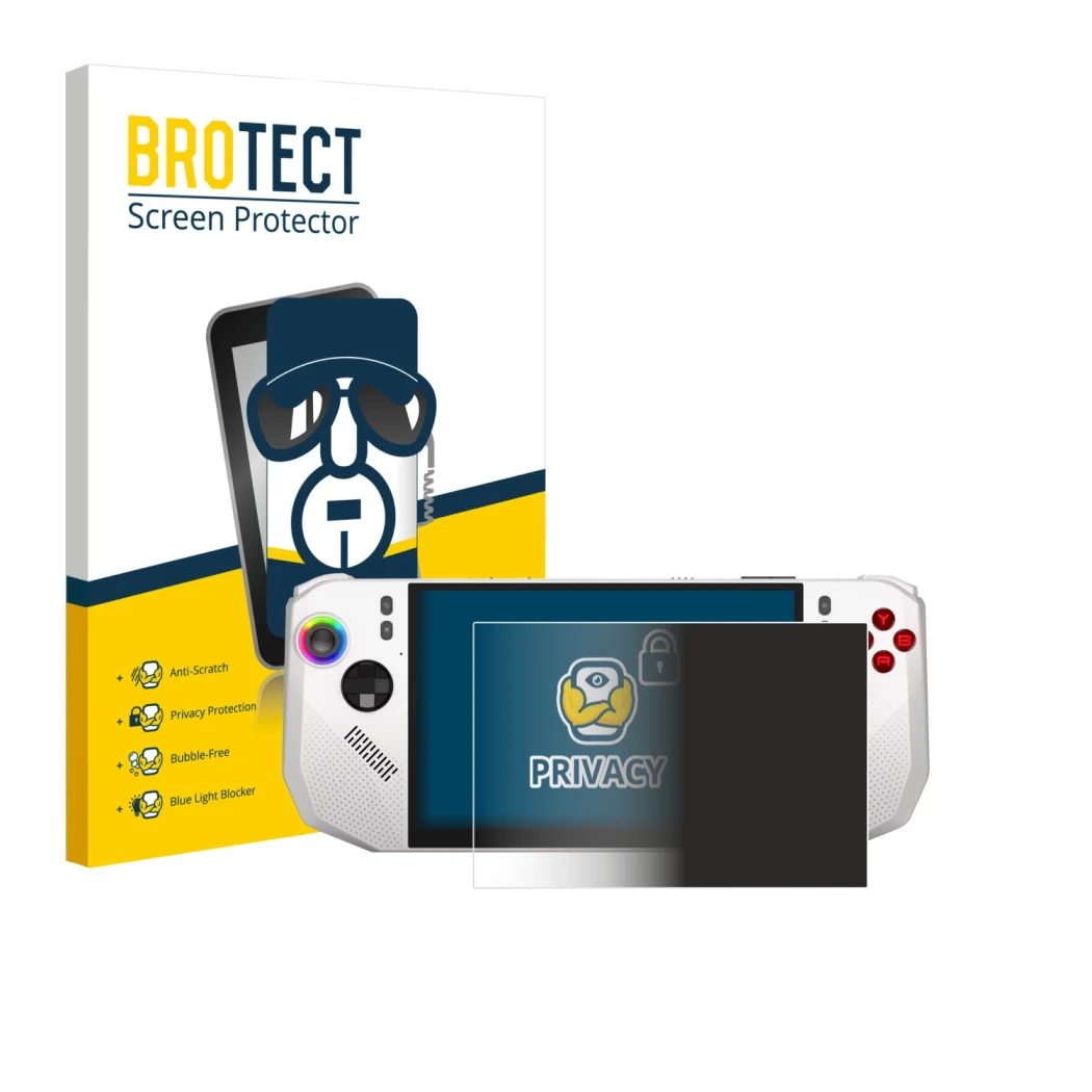 Parte frontal de un envase de producto con el logotipo de la marca BROTECT. Al lado se muestra el dispositivo MSI Claw A8 BZ2E