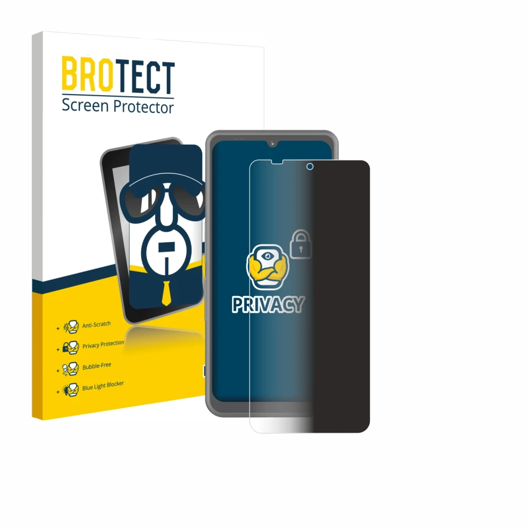 Parte frontal de un envase de producto con el logotipo de la marca BROTECT. Al lado se muestra el dispositivo Sonim XP Pro The