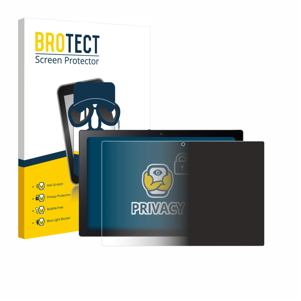 Parte frontal de un envase de producto con el logotipo de la marca BROTECT. Al lado se muestra el dispositivo Acer Chromebook 