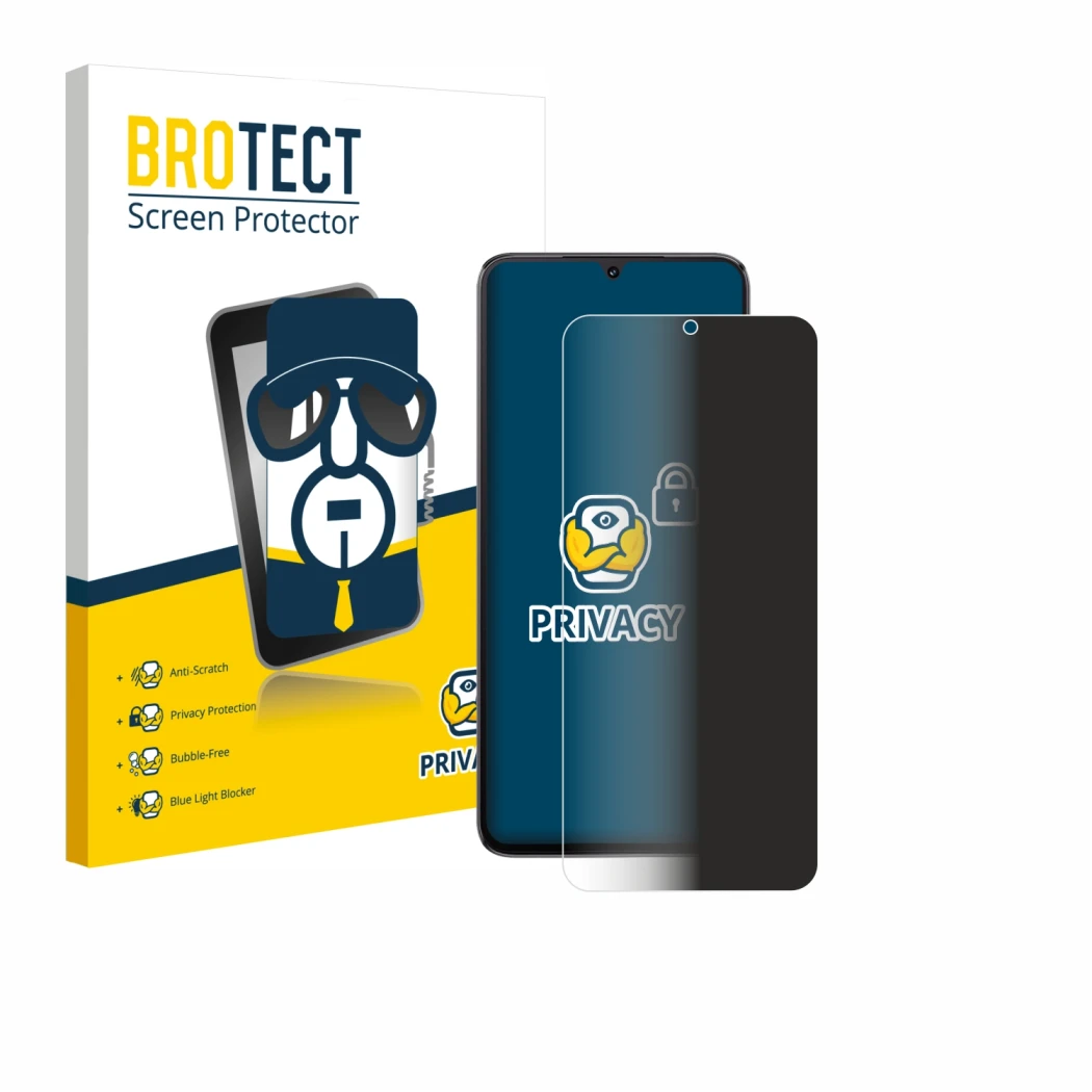 Parte frontal de un envase de producto con el logotipo de la marca BROTECT. Al lado se muestra el dispositivo Cubot A40 con su