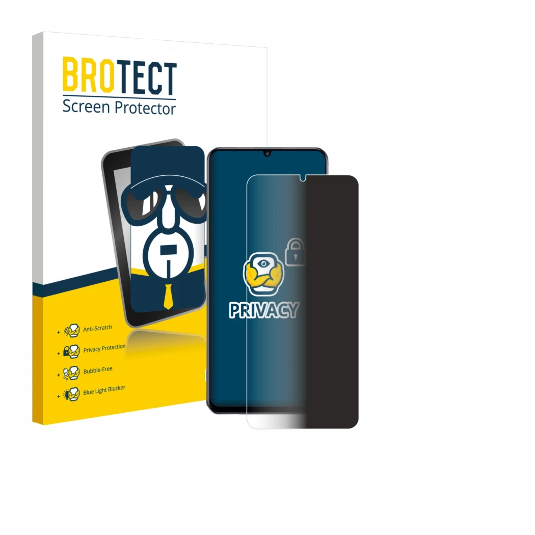 Parte frontal de un envase de producto con el logotipo de la marca BROTECT. Al lado se muestra el dispositivo realme Note 70 c