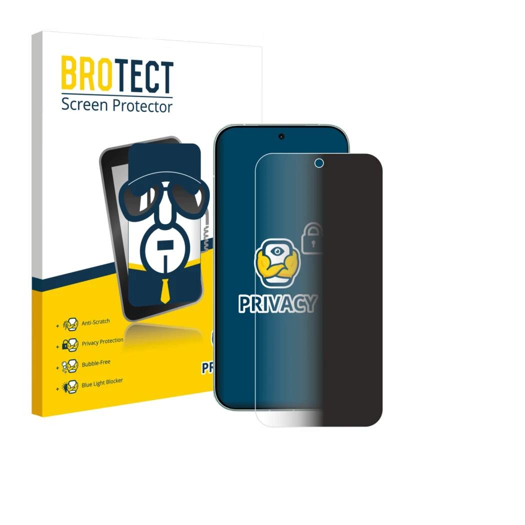 Parte frontal de un envase de producto con el logotipo de la marca BROTECT. Al lado se muestra el dispositivo Xiaomi Redmi Tur