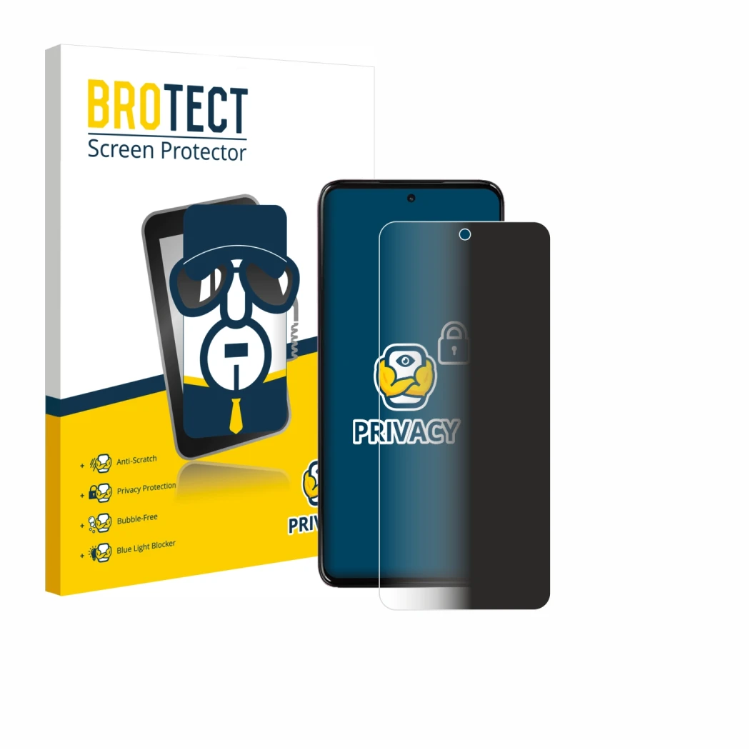 Parte frontal de un envase de producto con el logotipo de la marca BROTECT. Al lado se muestra el dispositivo Motorola Moto G1