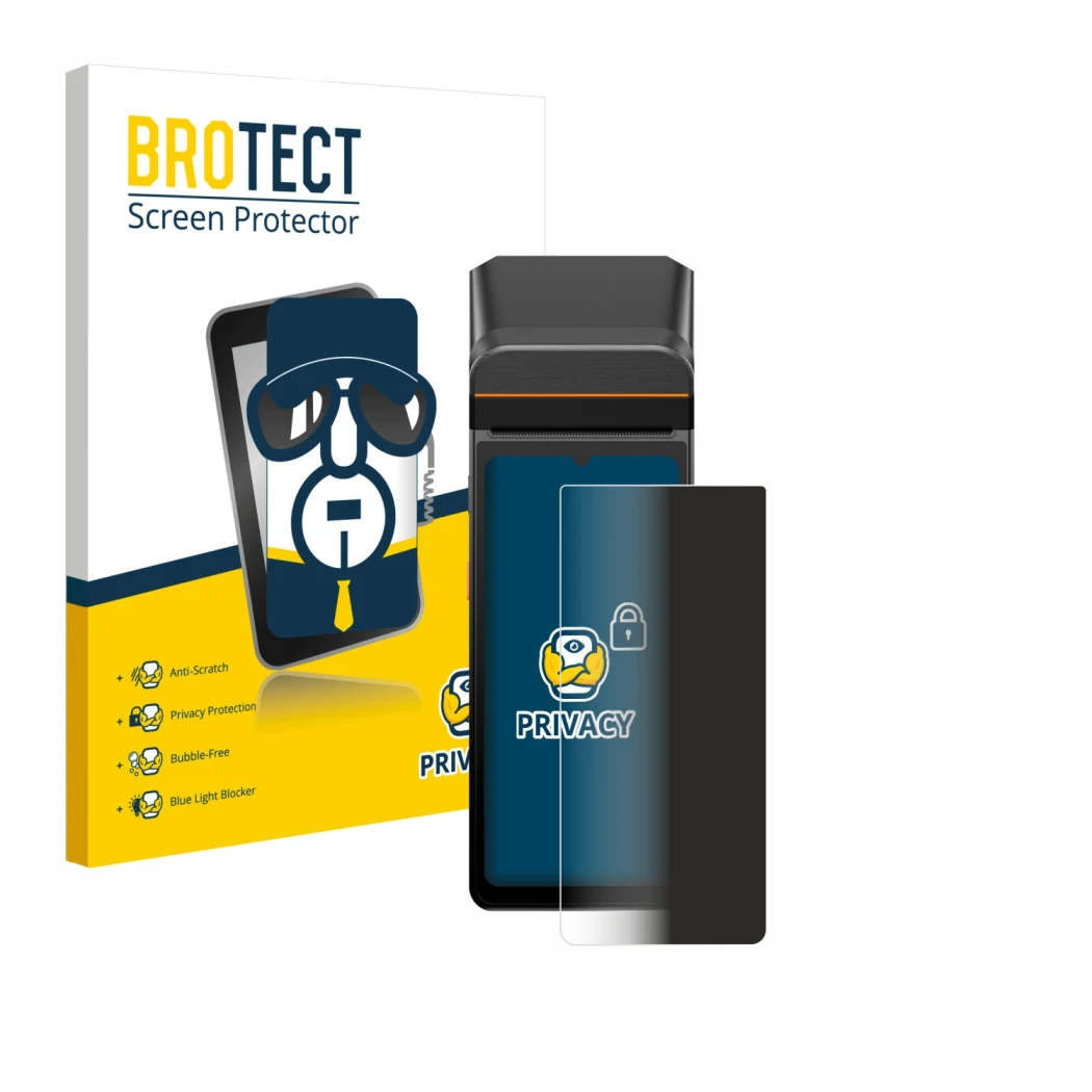 Parte frontal de un envase de producto con el logotipo de la marca BROTECT. Al lado se muestra el dispositivo Sunmi V3 A13 con