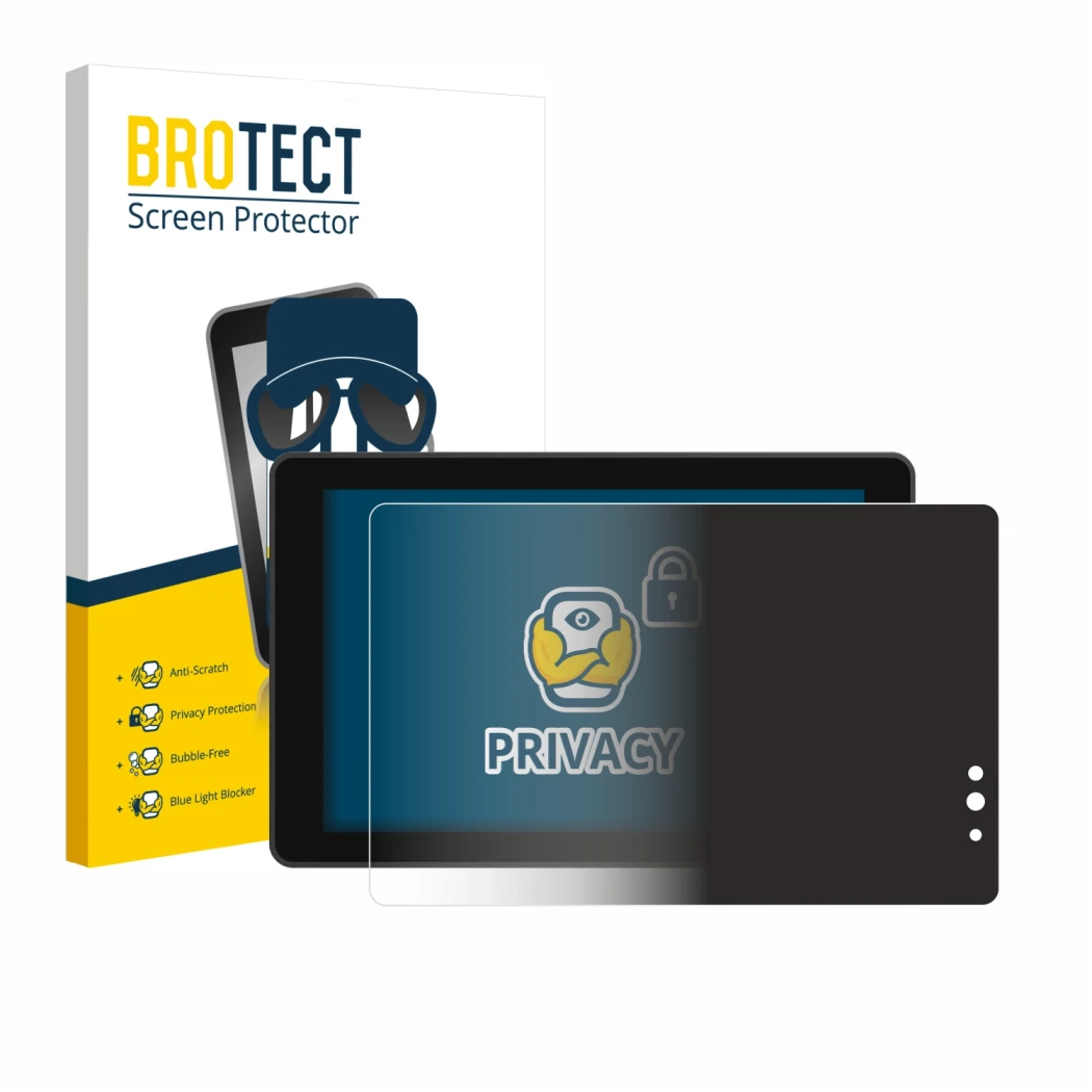 Parte frontal de un envase de producto con el logotipo de la marca BROTECT. Al lado se muestra el dispositivo Lilliput 719/T 7