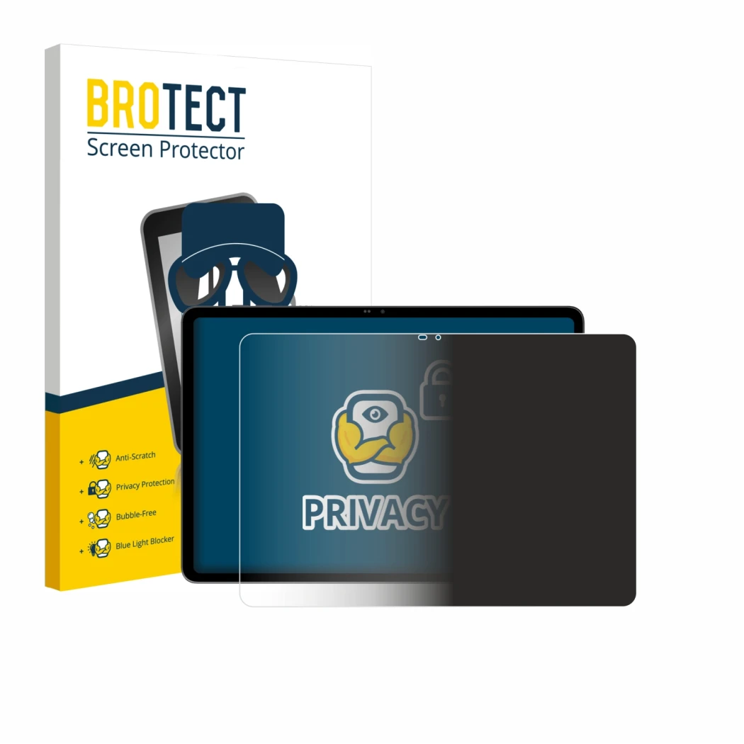 Parte frontal de un envase de producto con el logotipo de la marca BROTECT. Al lado se muestra el dispositivo Blackview MEGA 1