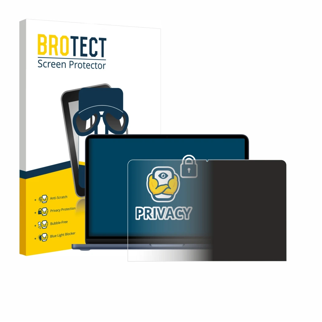 Parte frontal de un envase de producto con el logotipo de la marca BROTECT. Al lado se muestra el dispositivo Apple MacBook Ne