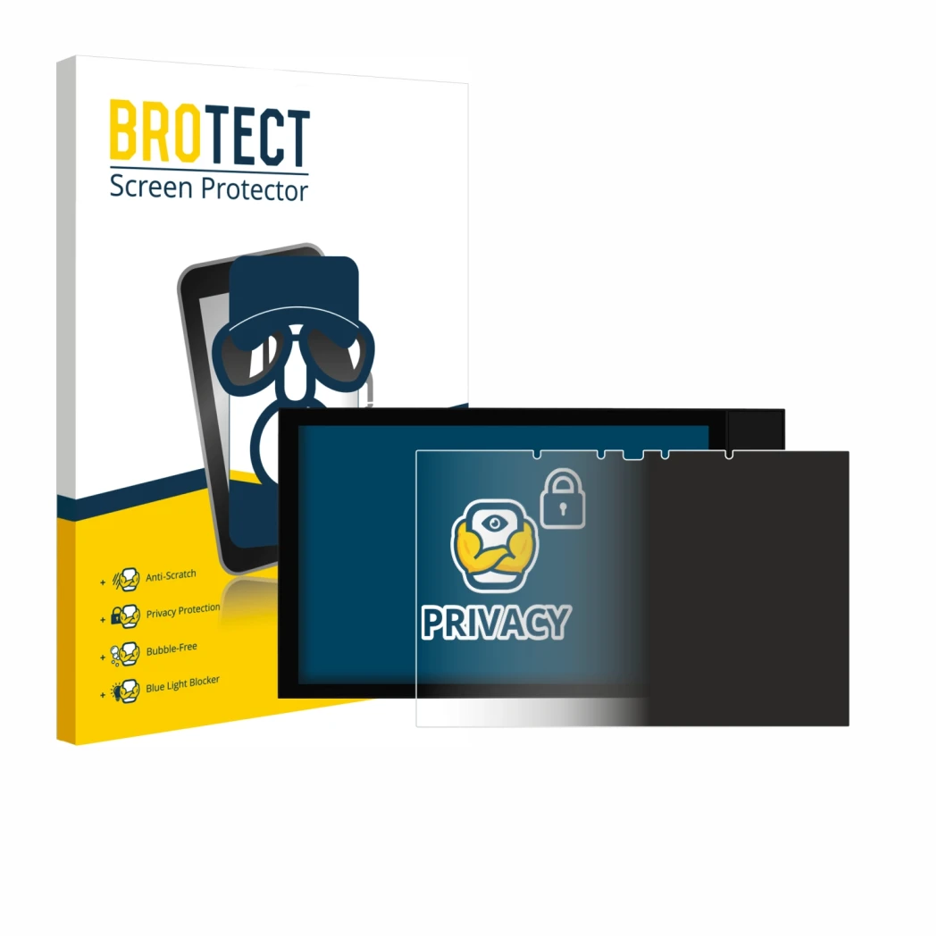 Parte frontal de un envase de producto con el logotipo de la marca BROTECT. Al lado se muestra el dispositivo Shelly Wall Disp