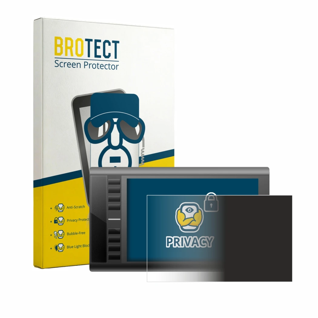 Parte frontal de un envase de producto con el logotipo de la marca BROTECT. Al lado se muestra el dispositivo Ugee M708 con su
