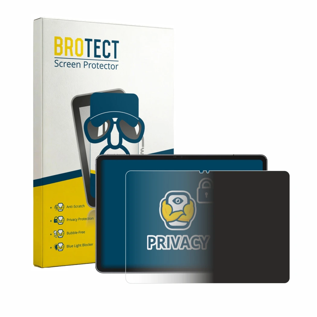 Parte frontal de un envase de producto con el logotipo de la marca BROTECT. Al lado se muestra el dispositivo Ulefone Tab A12 