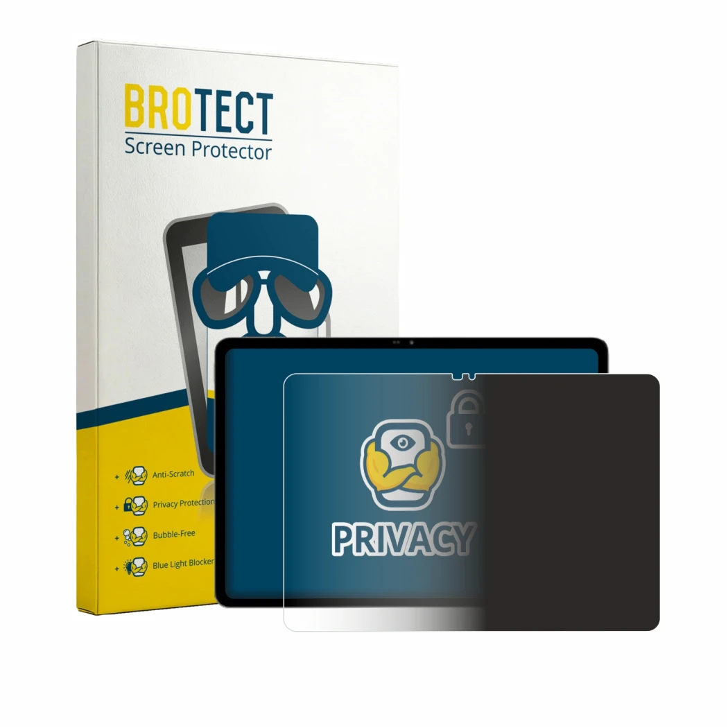 Parte frontal de un envase de producto con el logotipo de la marca BROTECT. Al lado se muestra el dispositivo Blackview MEGA 5