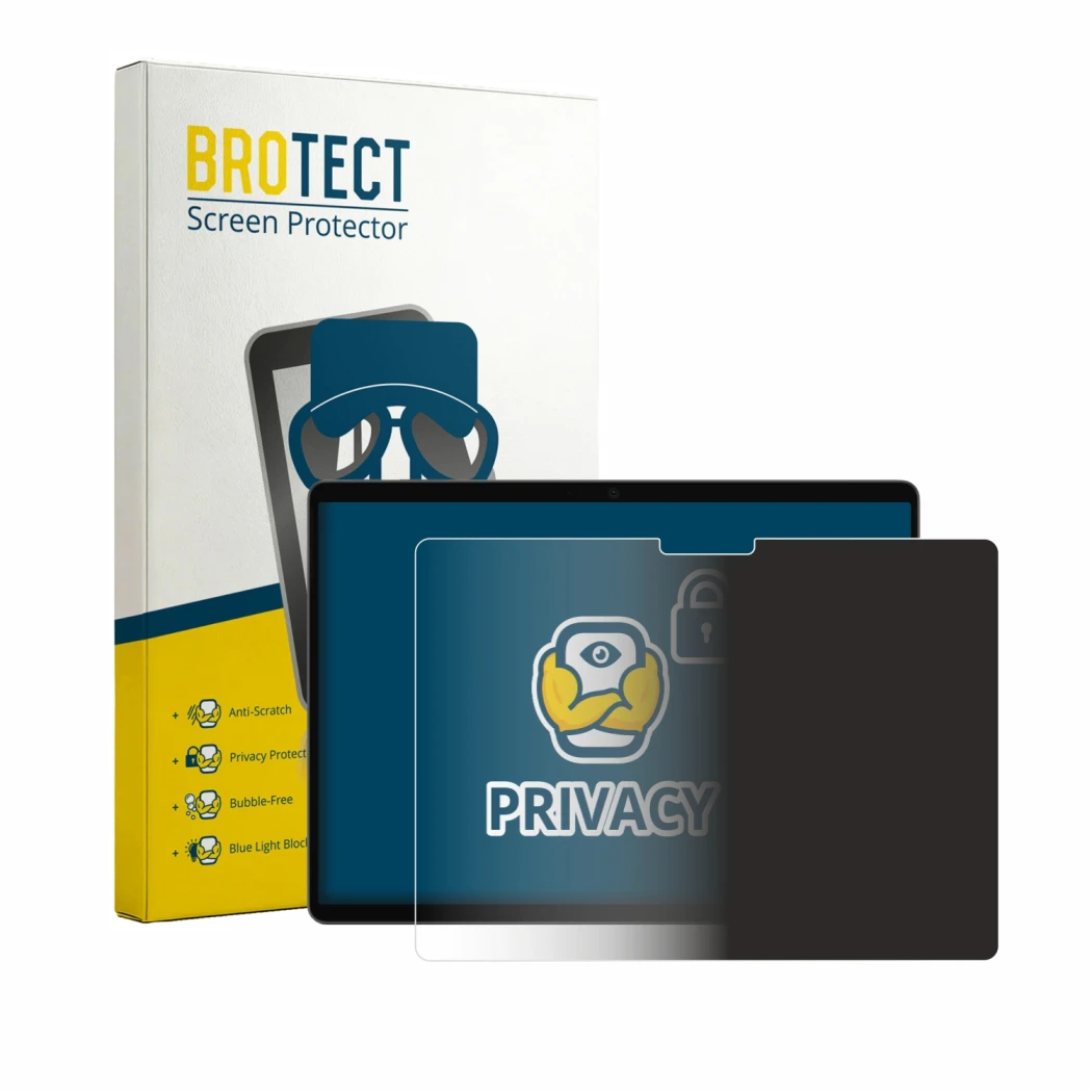 Parte frontal de un envase de producto con el logotipo de la marca BROTECT. Al lado se muestra el dispositivo Microsoft Surfac
