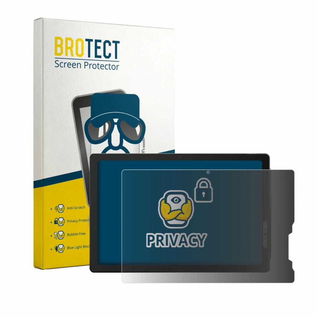 Parte frontal de un envase de producto con el logotipo de la marca BROTECT. Al lado se muestra el dispositivo Sunmi CPad Pay c