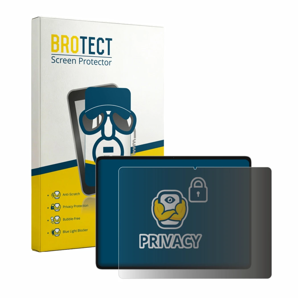 Parte frontal de un envase de producto con el logotipo de la marca BROTECT. Al lado se muestra el dispositivo Teclast ArtPad c