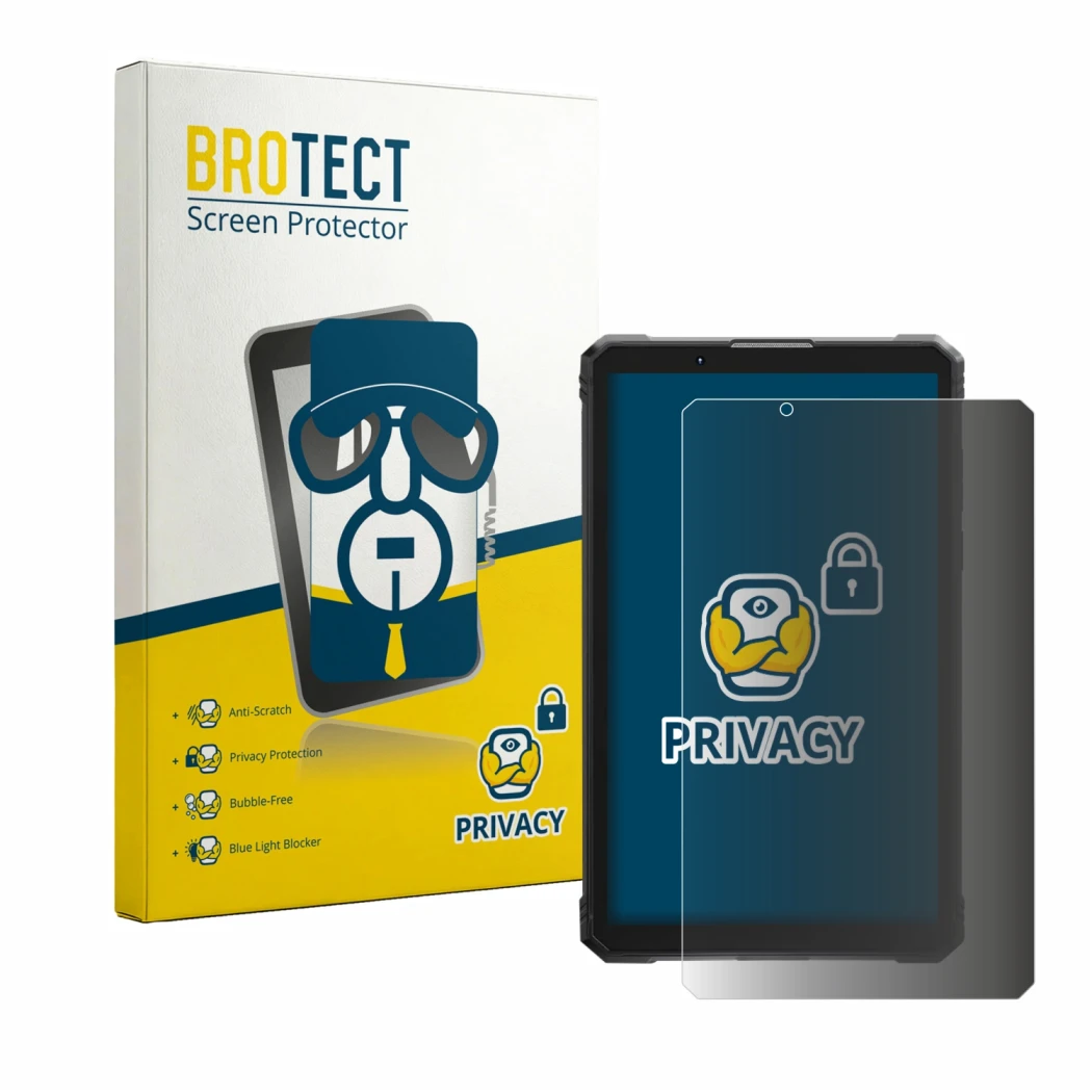 Parte frontal de un envase de producto con el logotipo de la marca BROTECT. Al lado se muestra el dispositivo Hotwav R11 Pro c