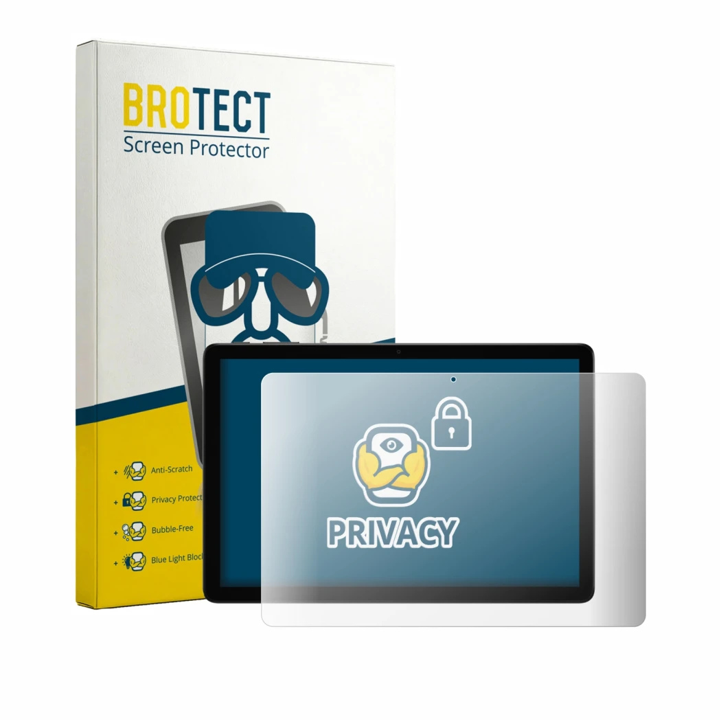 Parte frontal de un envase de producto con el logotipo de la marca BROTECT. Al lado se muestra el dispositivo Alldocube iPlay 