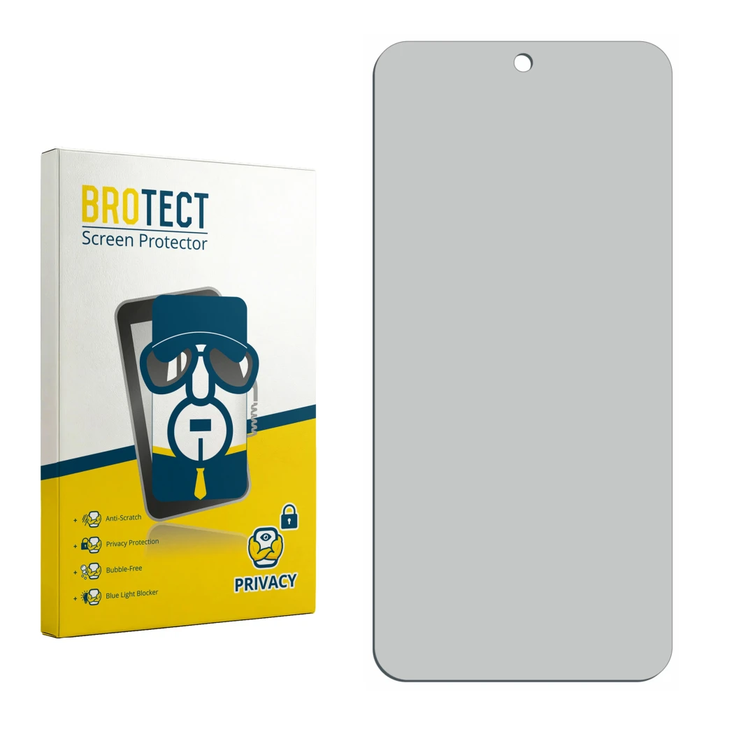 Parte frontal de un envase de producto con el logotipo de la marca BROTECT. Al lado está el protector de pantalla correspondie