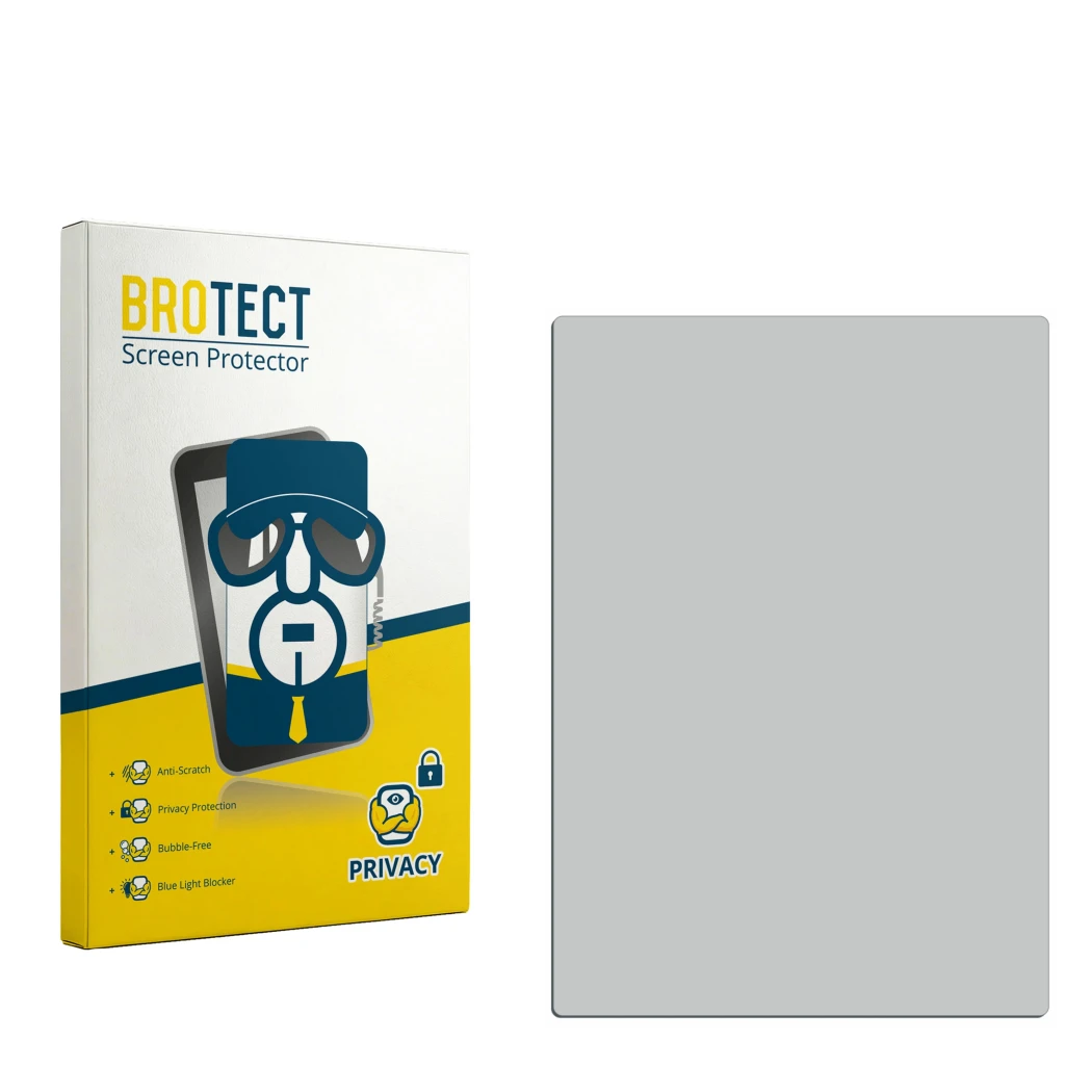 Parte frontal de un envase de producto con el logotipo de la marca BROTECT. Al lado está el protector de pantalla correspondie