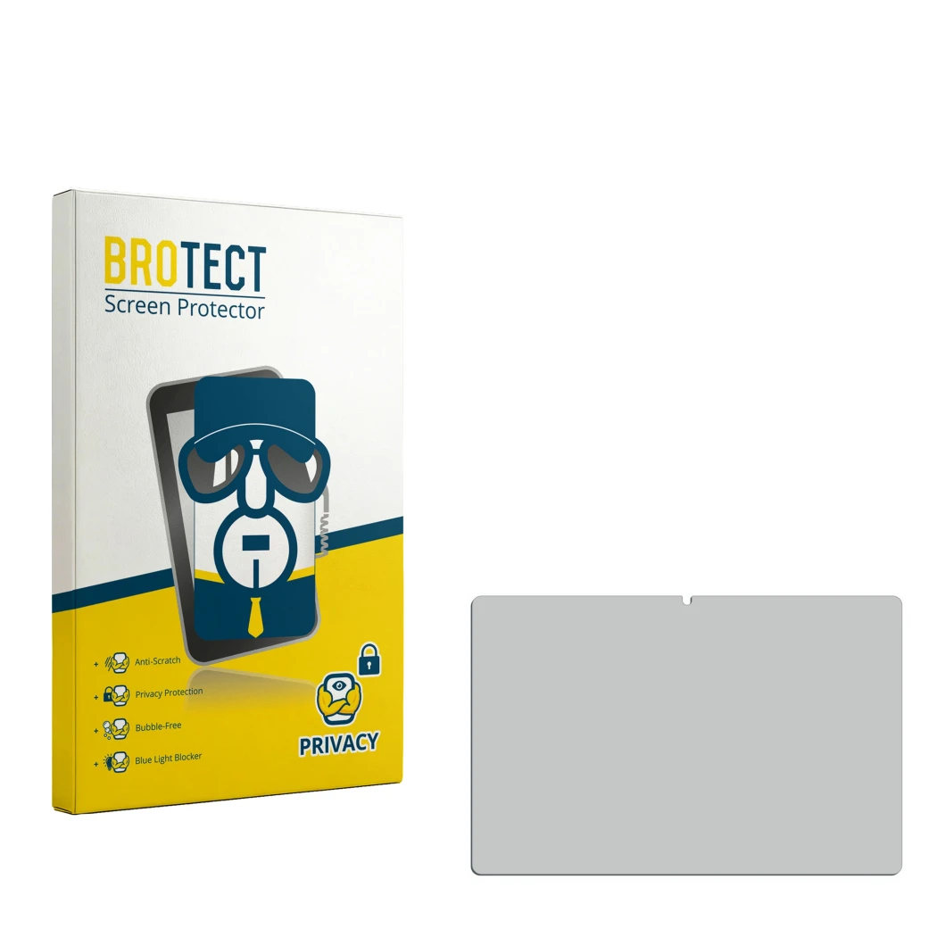 Parte frontal de un envase de producto con el logotipo de la marca BROTECT. Al lado está el protector de pantalla correspondie