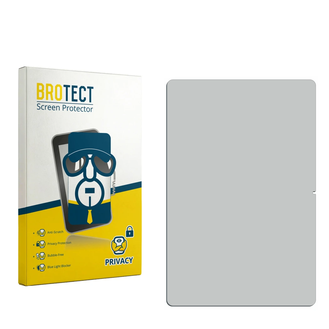 Parte frontal de un envase de producto con el logotipo de la marca BROTECT. Al lado está el protector de pantalla correspondie