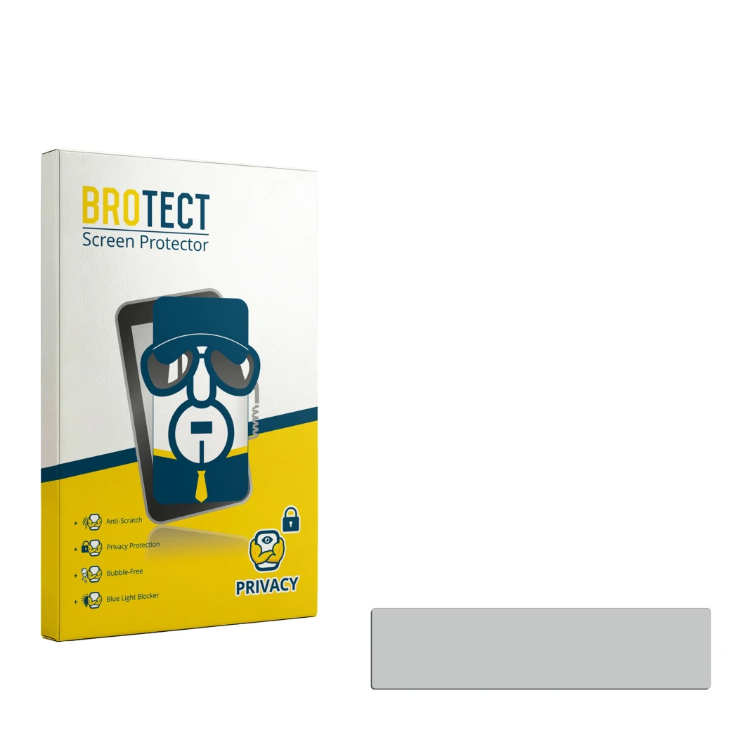 Parte frontal de un envase de producto con el logotipo de la marca BROTECT. Al lado está el protector de pantalla correspondie