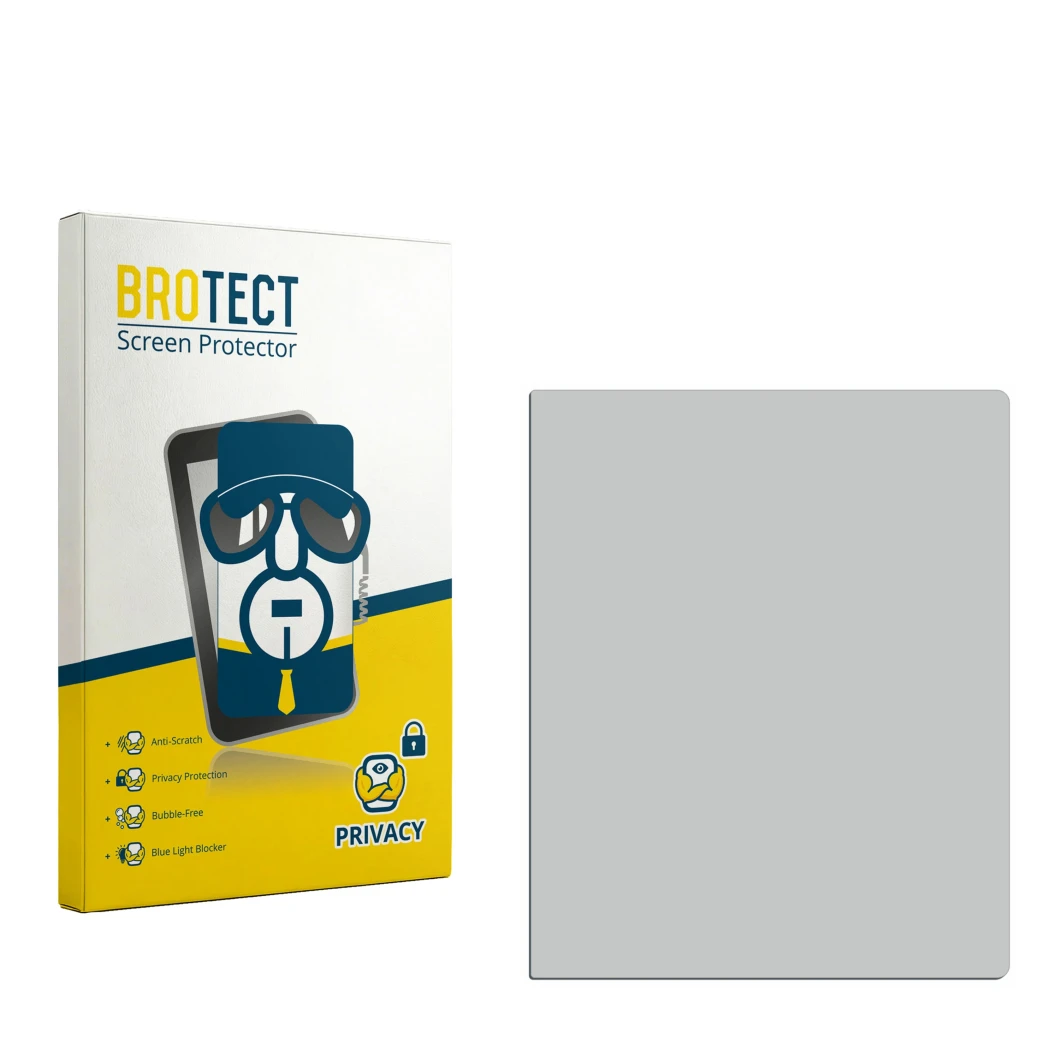 Parte frontal de un envase de producto con el logotipo de la marca BROTECT. Al lado está el protector de pantalla correspondie