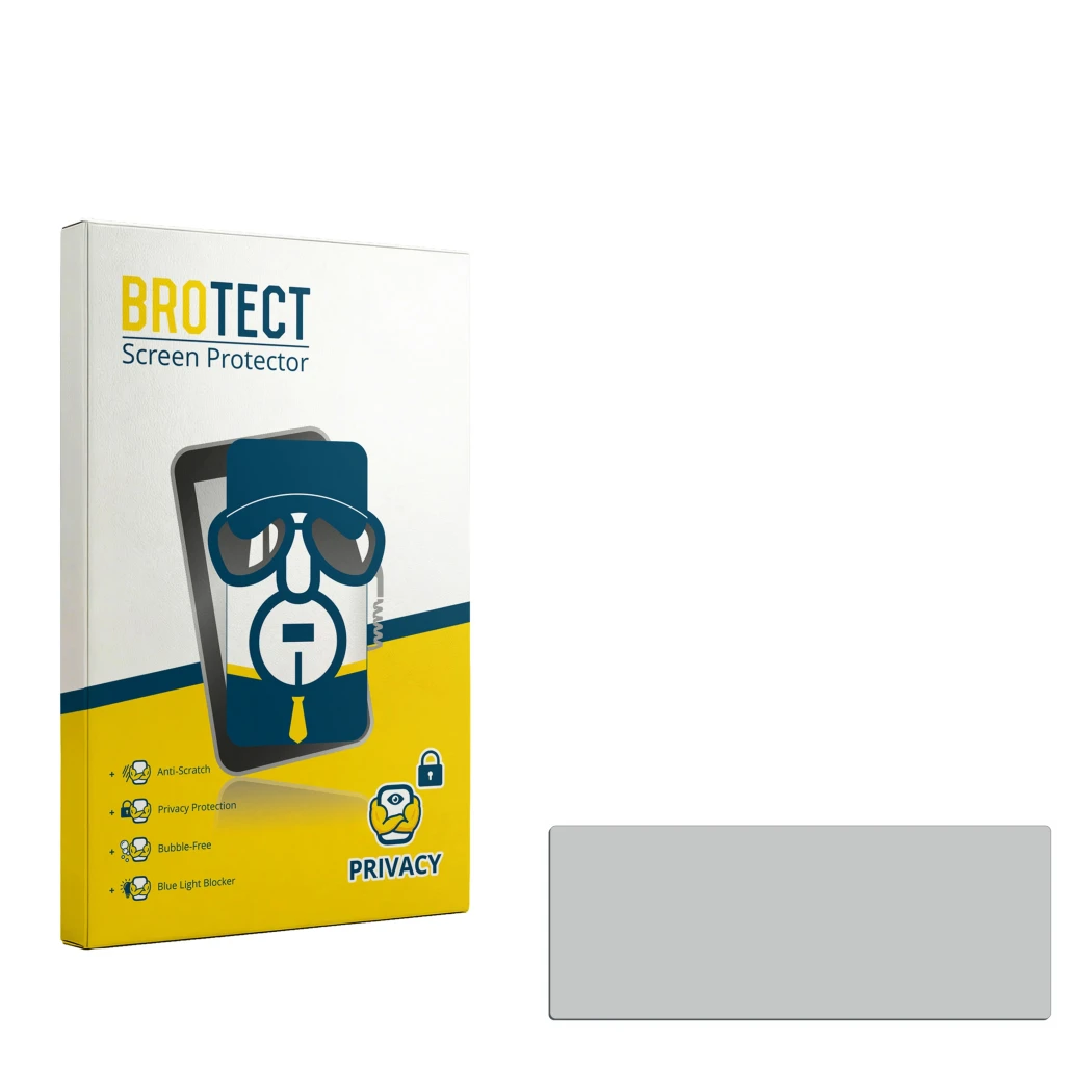 Parte frontal de un envase de producto con el logotipo de la marca BROTECT. Al lado está el protector de pantalla correspondie