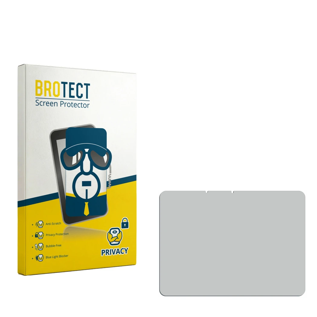 Parte frontal de un envase de producto con el logotipo de la marca BROTECT. Al lado está el protector de pantalla correspondie