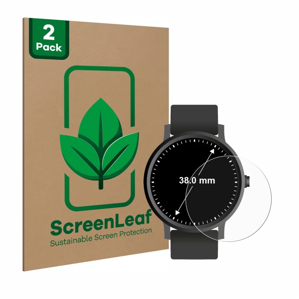 Parte frontal de un envase de producto con el logotipo de la marca ScreenLeaf. Al lado se muestra el dispositivo Relojes (Circ