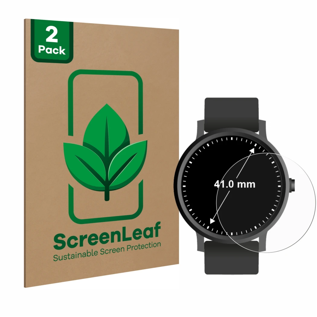 Parte frontal de un envase de producto con el logotipo de la marca ScreenLeaf. Al lado se muestra el dispositivo Relojes (Circ