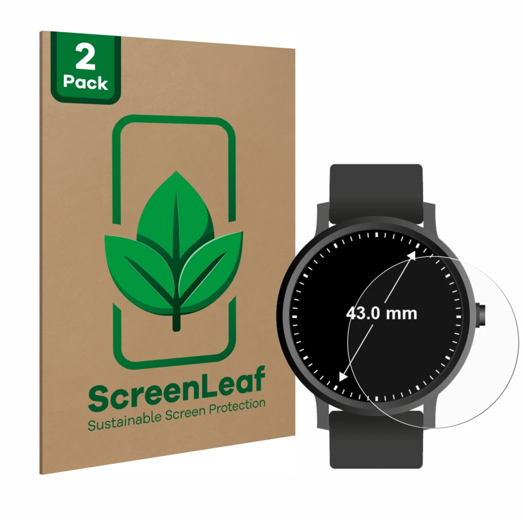 Parte frontal de un envase de producto con el logotipo de la marca ScreenLeaf. Al lado se muestra el dispositivo Relojes (Circ