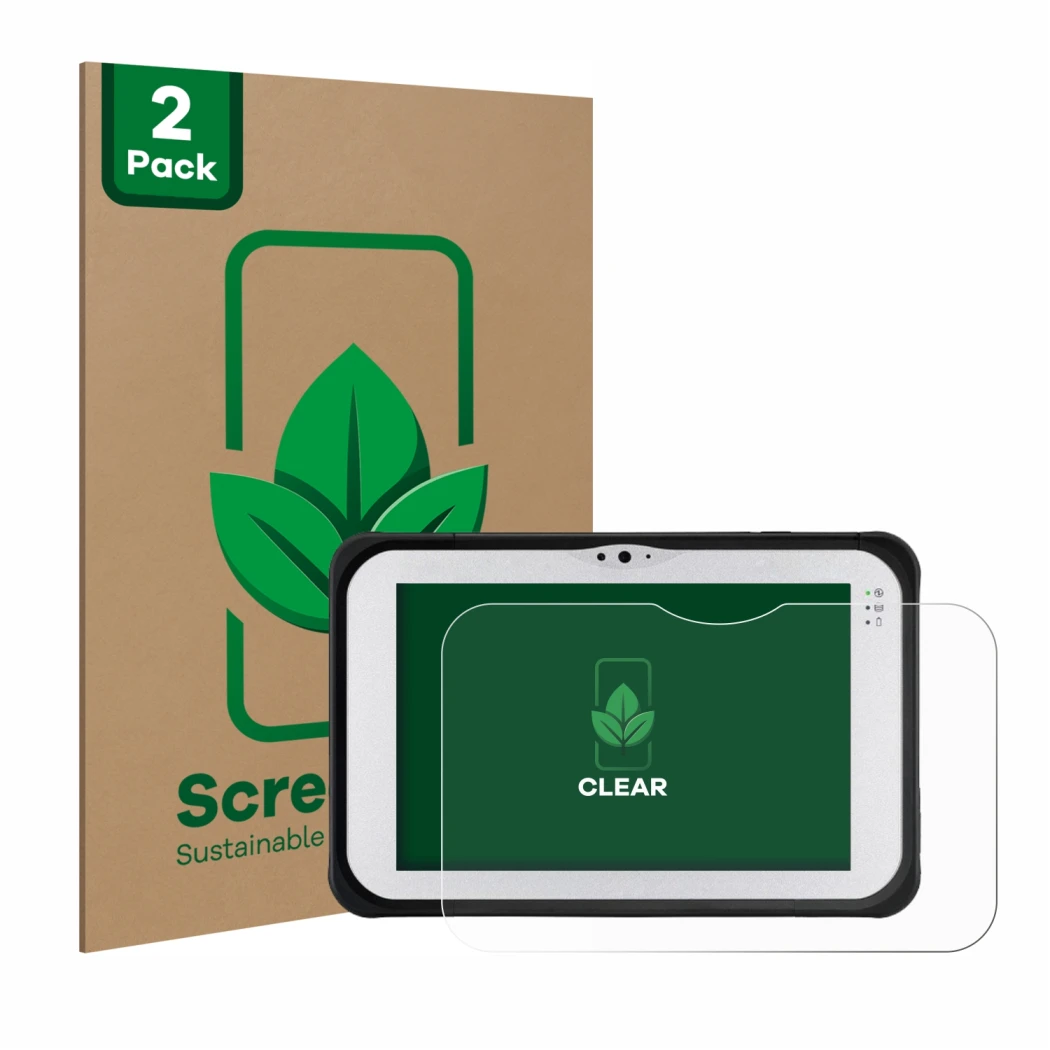 Parte frontal de un envase de producto con el logotipo de la marca ScreenLeaf. Al lado se muestra el dispositivo Panasonic Tou