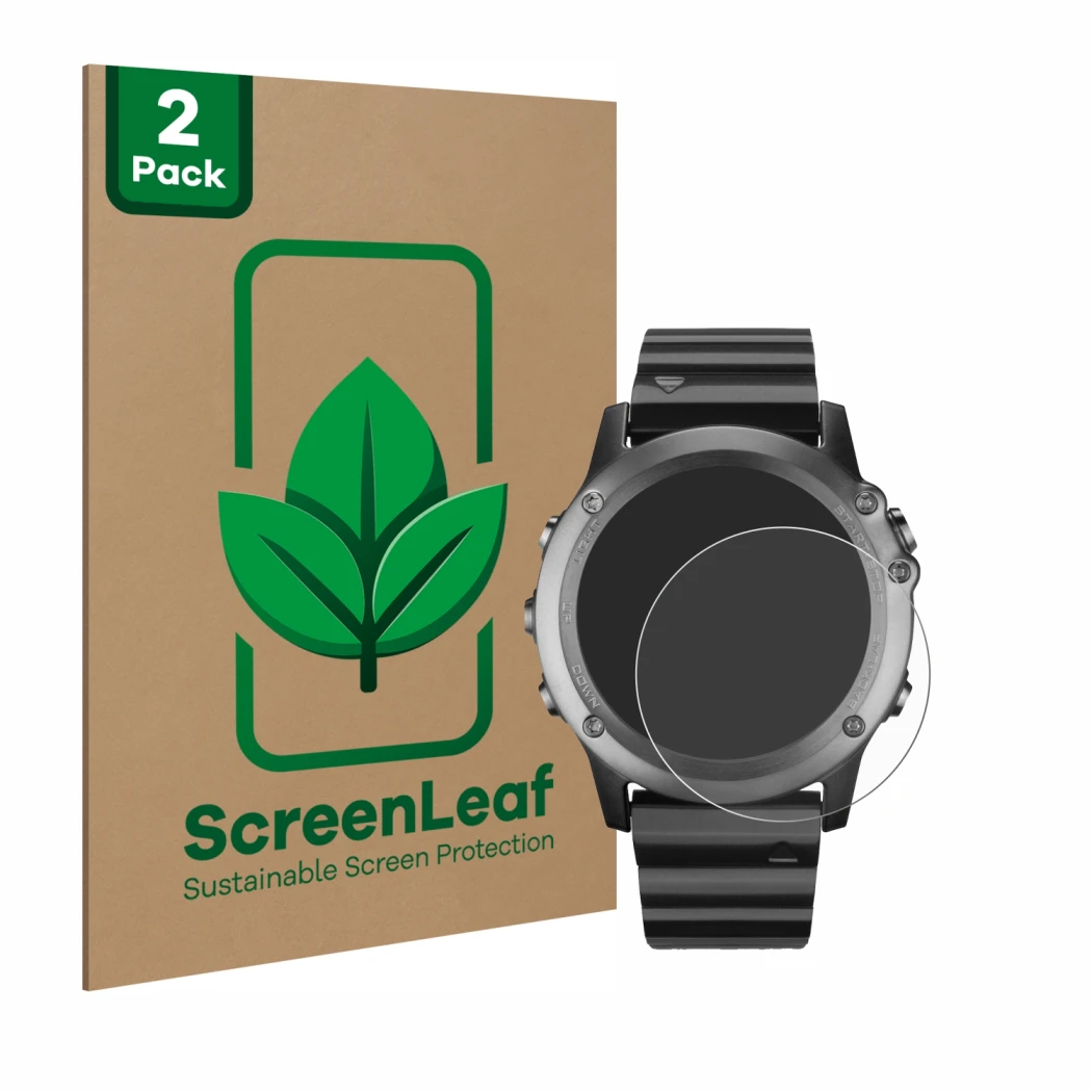 Parte frontal de un envase de producto con el logotipo de la marca ScreenLeaf. Al lado se muestra el dispositivo Garmin Fenix 