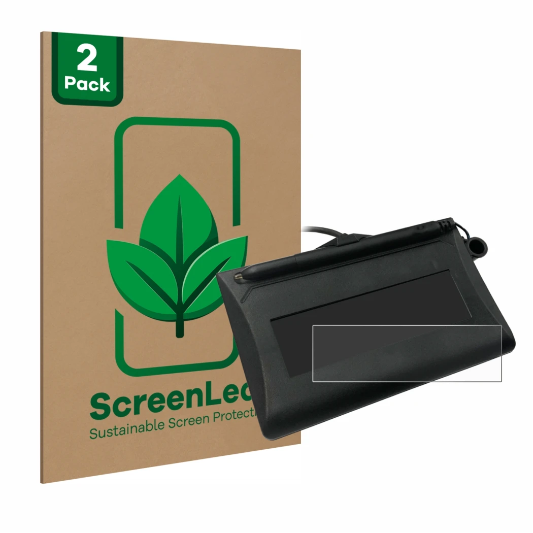 Parte frontal de un envase de producto con el logotipo de la marca ScreenLeaf. Al lado se muestra el dispositivo Topaz T-LBK46