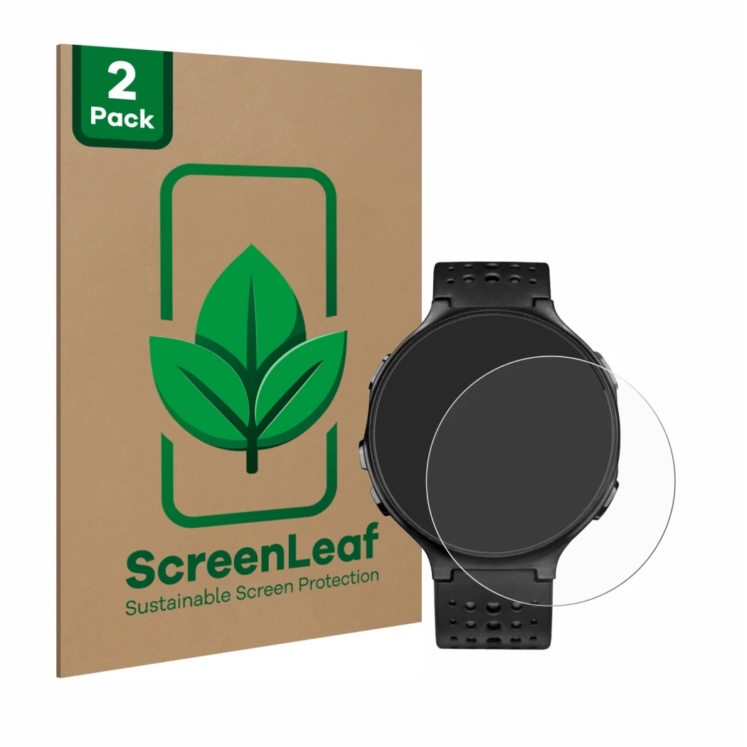 Parte frontal de un envase de producto con el logotipo de la marca ScreenLeaf. Al lado se muestra el dispositivo Garmin Foreru